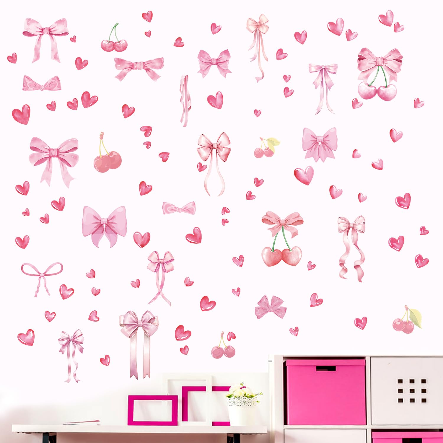 12 Sheet Pink Bow Wall Stickers, 11.81x7.87in Trendy Bow Wall Decals Coquette Bow Wall Decor Watercolor Room Mural Stickers for Kindergarten Nursery Bedroom (C Style)