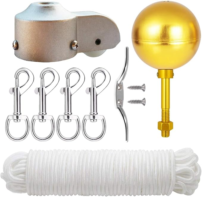 EKEV Flag Pole Hardware Parts Repair Kits 3" Topper Gold Ball + 50 Ft Halyard Rope + 6" Cleat