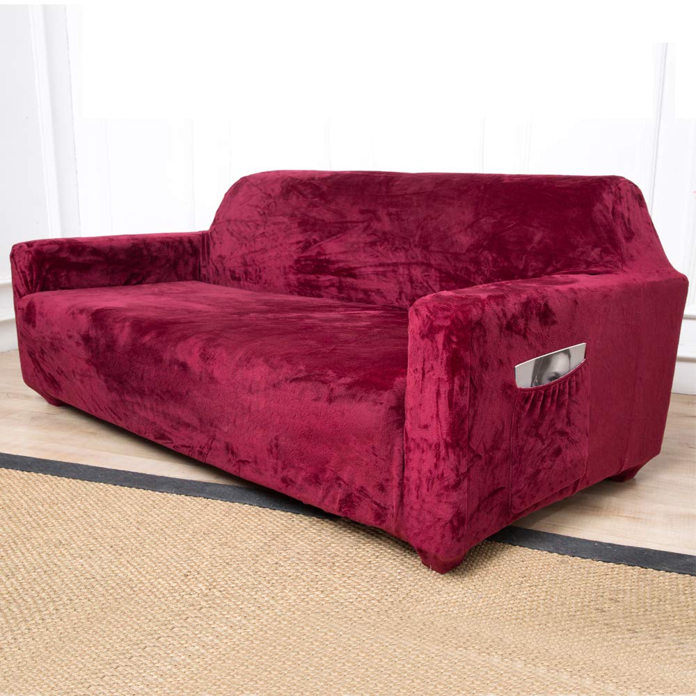 ACOMOPACK Velvet Sofa Cover Stretch Couch Cover for 3 Cushion Couch Cover Sofa Slipcover with Plastic Tuckers and Side Pocket for Living Room Furniture Protector for Dogs(Sofa, Wine red)