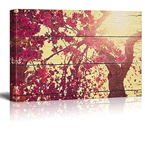 Full Tree of Bright Pink Blossoms - Rustic Floral Arrangements - Pastels Colorful Beautiful - Wood Grain Antique - Canvas Art Home Art - 12x18 inches