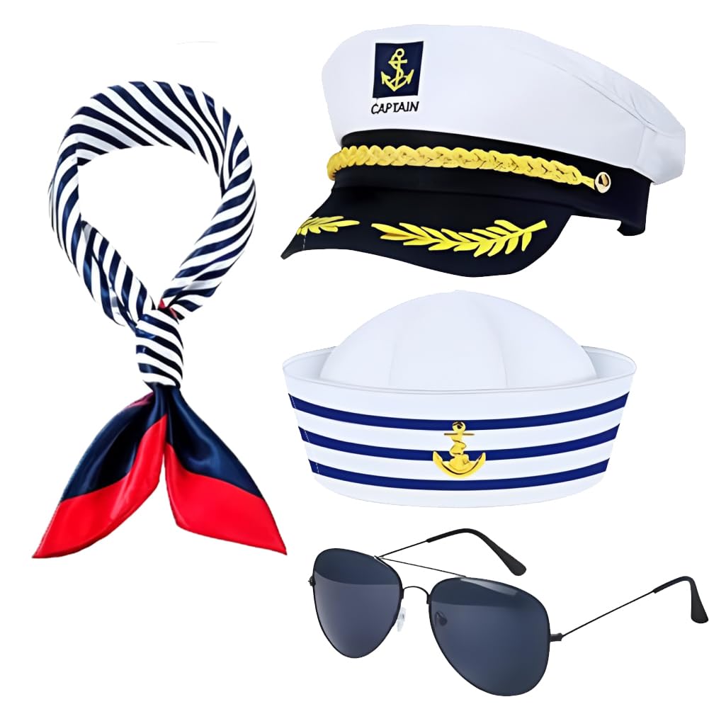 4PCS Sailor Hat and Scarf Set for Men Women, Fancy Dress Sailor Set, Blue with White Sailor Hat Scarf, Captain Hat, Sunglasses, Dressing Up Costume for Cosplay Nautical Theme Party, World Book Day
