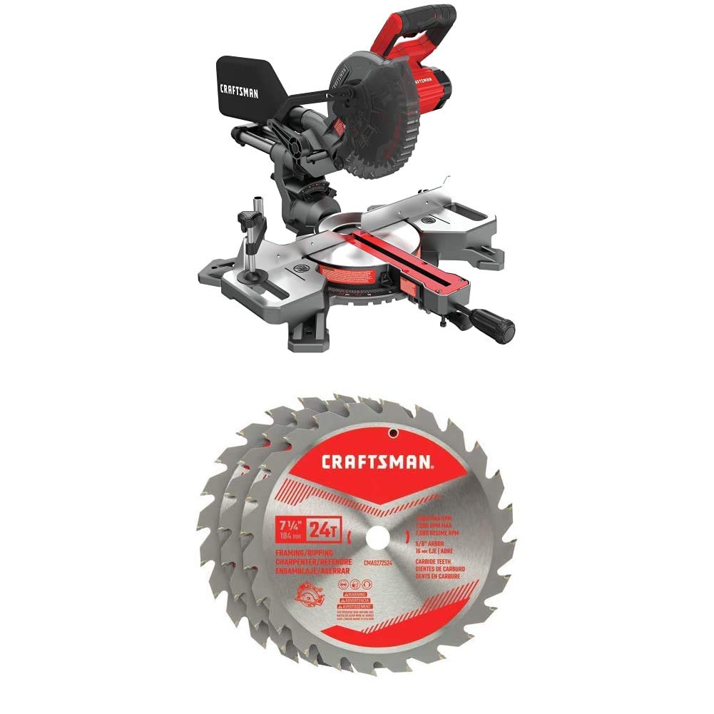 Craftsman V20 7-1/4 pulgadas Kit de sierra Mitre Mitre con una cuchilla de aserrada de ingles de 7-1/4 pulgadas, 24-tooth, 3 paquetes (CMCS714M1 y CMAS2725243)