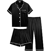 SWOMOG Kids Silk Pajamas 3 Piece Girls Boys Satin Pajamas Set Button-Down PJs Set Soft Loungewear Short Sleeve Sleepwear