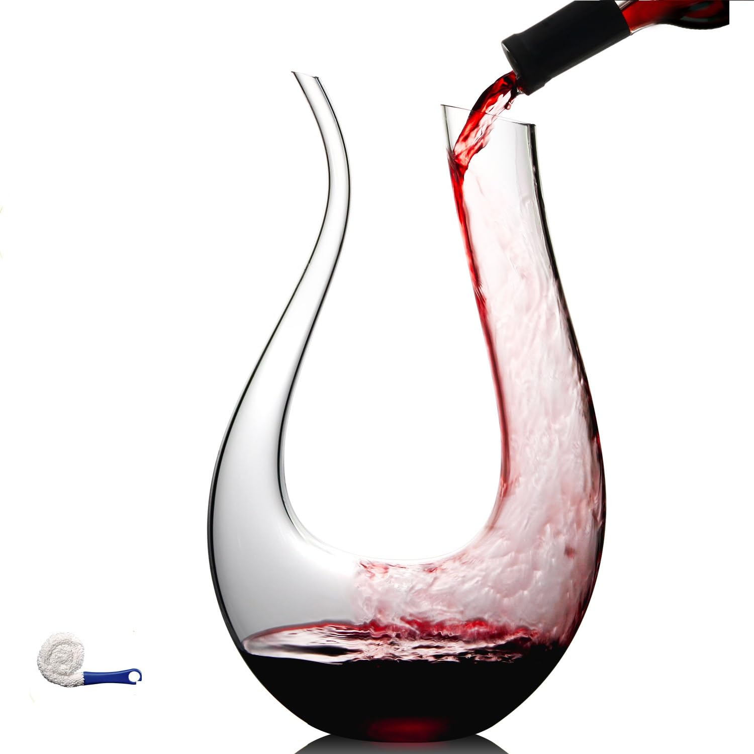NUTRIUPS U Shaped Wine Decanter, 1.5L Hand Blown Glass Wine Decanter with Brush, Lead-Free