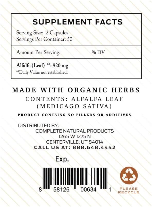 Pure Organic Alfalfa Leaf (Medicago Sativa) - 100 Capsules - 460mg of Pure Dried Alfalfa Leaf Powder Tablets: Health & Personal Care