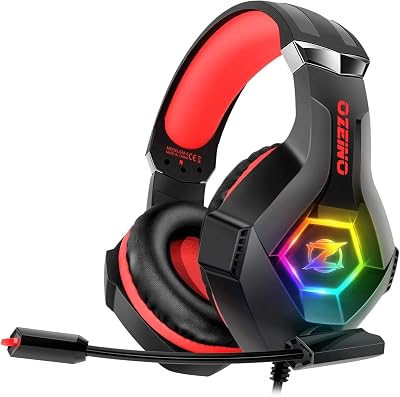 Ozeino Gaming Headset USB LED Mic PC PS4 PS5 Xbox Red