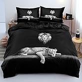 Holiyjog Lion Couple Duvet Cover Set with Pillow Shams Animal Lions Pattern Queen Black Bedding Sets