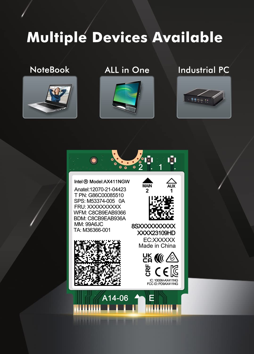 WiFi 6E Wireless Card Intel AX411 NGW. Only Support CNVio2 Protocol and Intel 12/13th Generation CPU, Bluetooth 5.3, Tri-Band 5400Mbps, Network Adapter for Laptop Support Windows 10/11 (64bit),Linux.