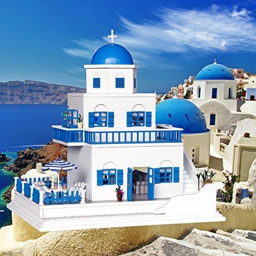 Cuteroom DIY Wooden Dollhouse Santorini Island Handmade Decorations Model with LED Light&amp;Music