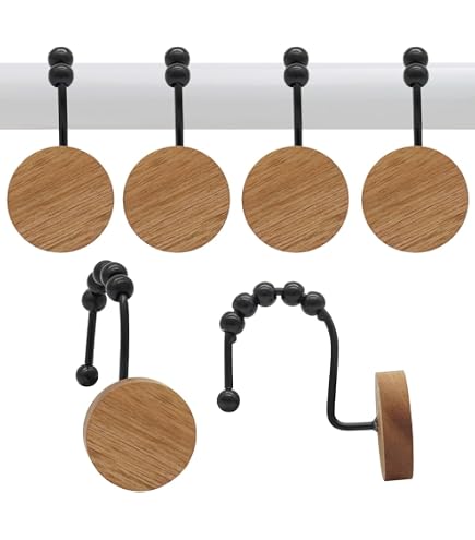 12 Pack Imitation Wood Grain Shower Curtain Hooks - Gold Resin Rings - Hold Up To 11 Lbs - Easy Slide Design