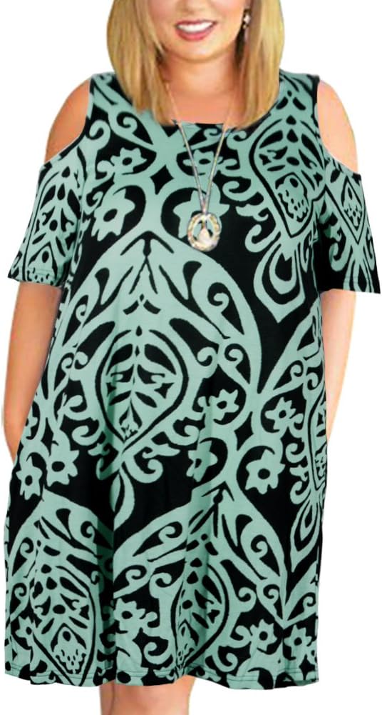 NemidorWomen's Cold Shoulder Plus Size Casual T-Shirt Swing Dress with Pockets