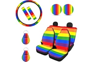 Biyejit Rainbow LGBTQ Gay Pride Stripes Colorful Car Seat Covers and Steering Wheel Cover Full Set for Women Men with Seat Belt Strap Cover/Cup Coasters/Auto Keychains