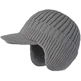 GROTOLY Winter Beanie with Brim and Ear Flaps,Fleece Lined Knit Hat Stocking Caps Winter Beanie Hats for Men Women Outdoor(Grey)
