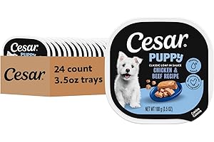 Cesar Puppy Classic Loaf in Sauce Wet Dog Food, Chicken & Beef Recipe, 3.5 oz. Easy Peel Trays, Dog Food Toppers, 24 Count