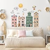 Cartoon City Wall Decals, Whimsical Hot Air Balloons, Houses, Animals, Rainbow, Sun, Clouds Design, Removable Vinyl Stickers for Kids Room, Nursery, Bedroom, Playroom Decor (Colorful-01)