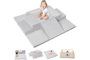 Rinnebbit 6-Piece Foam Climbing Blocks for Toddlers, Climb and Crawl Soft Foam Play Set with 47x47 Inch Baby Play Mat for Floor, Machine Washable Cover, Soft Climbing Toys for Toddlers 1-3 (Gray)