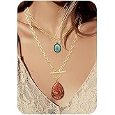 RechicGu 2 Pcs Western Turquoise Necklaces for Women Boho Concho Turquoise Pendant Necklace Dainty Teardrop Desert Cactus Chunky Chain Necklace OT Toggle Western Jewelry for Women Trendy Gifts