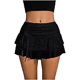BJhaz Women’s Y2K Lace Skirt Layered Ruffle Shorts Pleated Mesh Skirt Elastic Waist Mini Skort