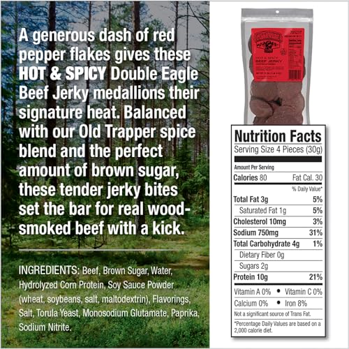 OLD TRAPPER DOUBLE EAGLE BEEF JERKY, HOT & SPICY FLAVOR, 21 OUNCE PACKAGE, NATURAL WOOD SMOKED MEAT SNACKS, 10 GRAMS OF PROTEIN AND 80 CALORIES PER SERVING (PACK OF ONE)
