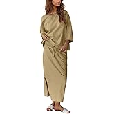 Halfword 2 Piece Sets for Women Oversized Shirt and Maxi Skirt Set Vacation Clothes Casual Lounge Set with Pockets