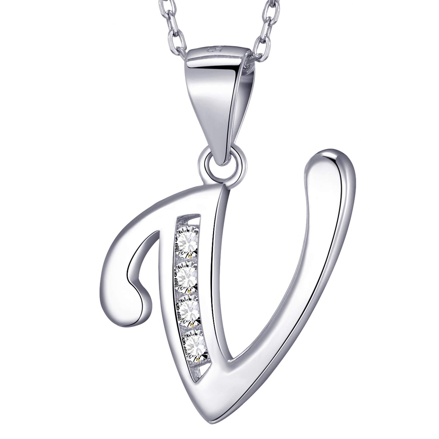 MASADA 925 Sterling Silver Letter Necklace - Initial Pendant with Zircon Stones - Letter V - Personalised Alphabet, Teens & Girls - 46 cm - 18 inch Chain in Velvet Bag