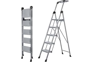 XinSunho 5 Step Ladder, Foldable Step Stool Ladder with Handrails & Tray, 660 lbs Heavy Duty Wide Pedals, Sturdy Steel Folding Ladder for Kitchen, Home, and Household Use (Silver, 5 Step)