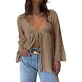 Saodimallsu Womens Summer Lightweight Tie Front Cardigans Crochet Knit Long Bell Sleeve Casual V Neck Beach Cover Ups