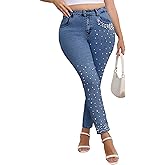 EZAPINE Pearls Skinny Jeans for Women High Waist Stretchy Trendy Slimming Jeggings Denim Pants