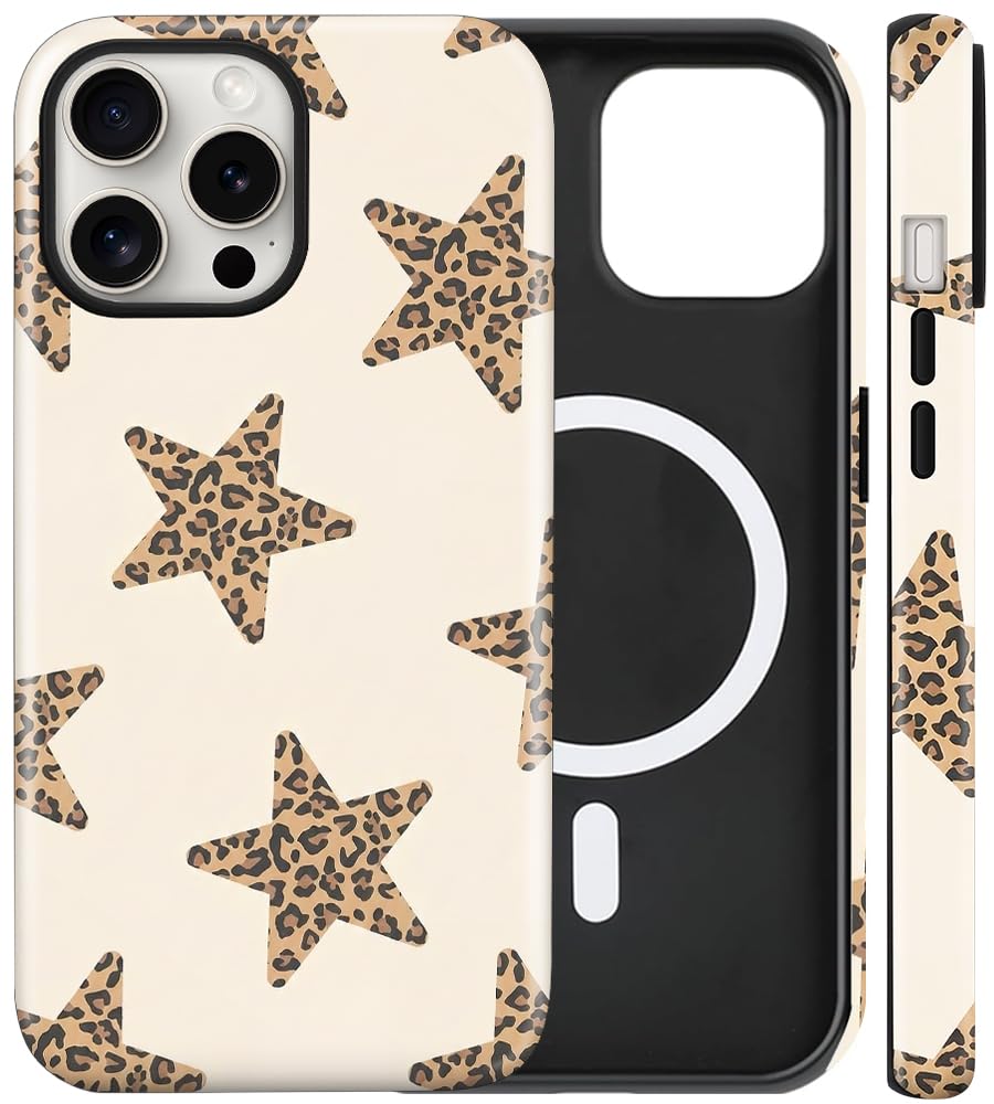 flewfun Magnetic for iPhone 16 Pro Max Case Cute Star Leopard Print Phone Case, Shockproof Slim TPU and Hard PC Protective Cover Fit for MagSafe Designed for Women Girls Gifts