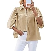 Cicy Bell Womens Summer Button Down Shirts Short Ruffle Puff Sleeve Cotton Blouses Dressy Casual Ladies Tops