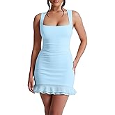 Mokoru Women's Sexy Ruched Bodycon Mini Dress Square Neck Ruffle Hem Club Party Short Tank Dresses