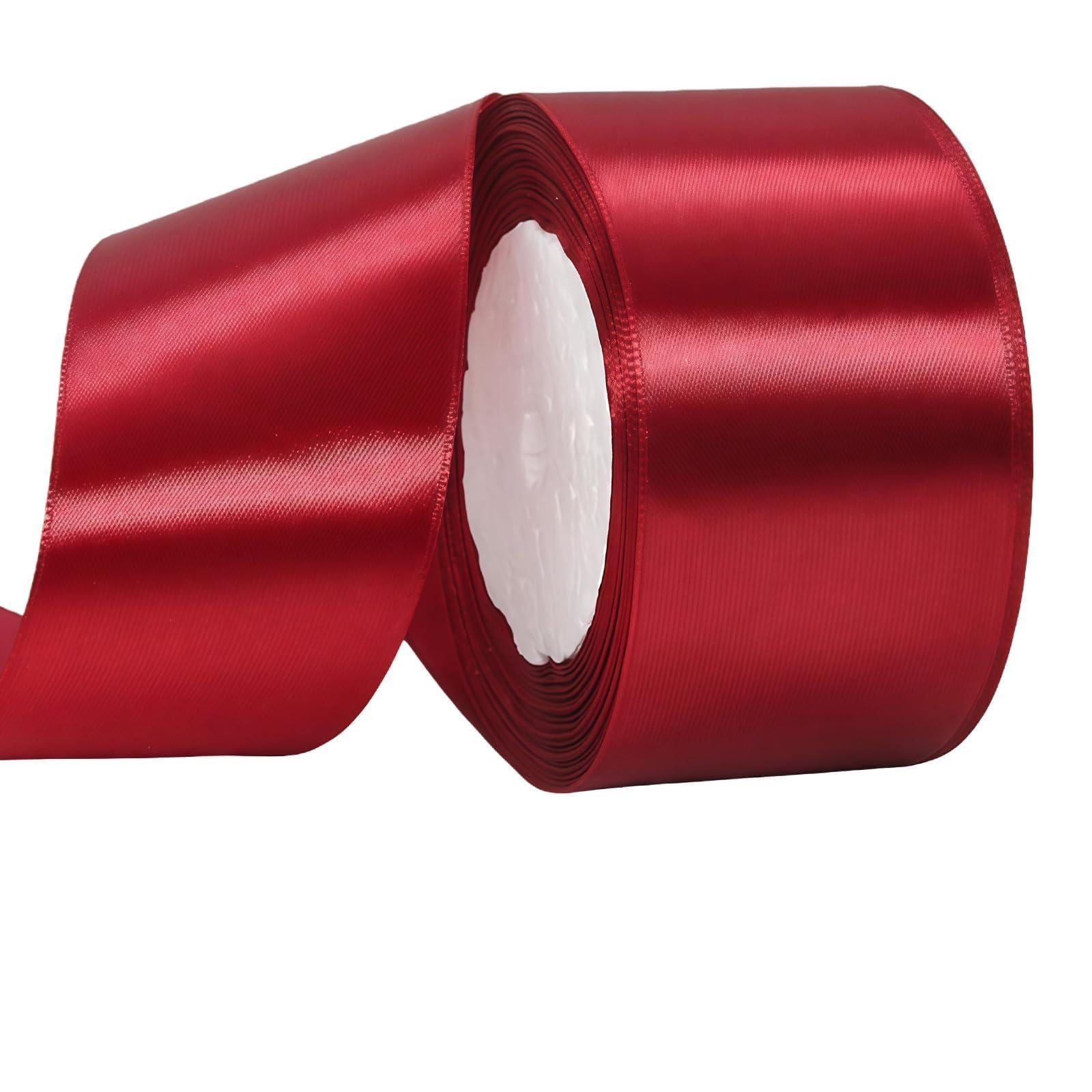Wine Red Satin Ribbon - 50mm Wide Fabric Ribbon for Gift Wrapping, Crafting, Cake Decoration, Hair Bows, Christmas & Wedding