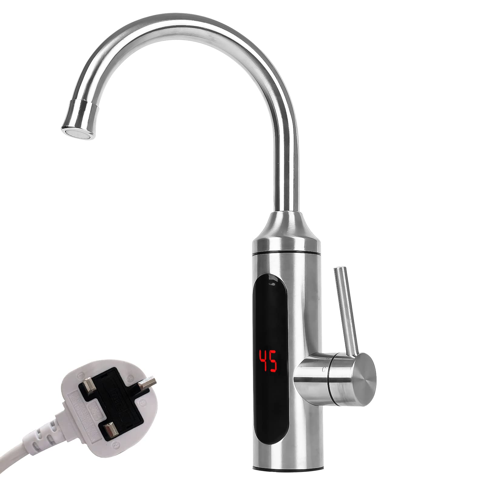 EUNEWR Instant Heating Faucet,3300W Tankless Quick Hot Tap with LED Digital Display,360º Swivel 304 Stainless Steel Heating Tube Electric Hot and Cold Water Heater Mixer Faucet with 1/2 Inch Hoses