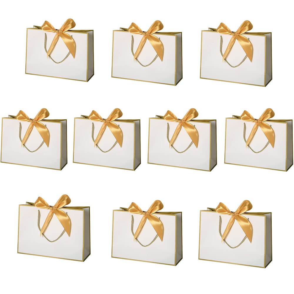 DZOZO 10pcs Paper Gift Bags Party Bags Sweet Bags Present Bags with Handles and Golden Bow Ribbon for Wedding Party(32cm x 11cm x 25cm)