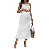 OYOANGLE Women's Maternity Dress Textured Spaghetti Strap Double Lined Bodycon Long Dresses