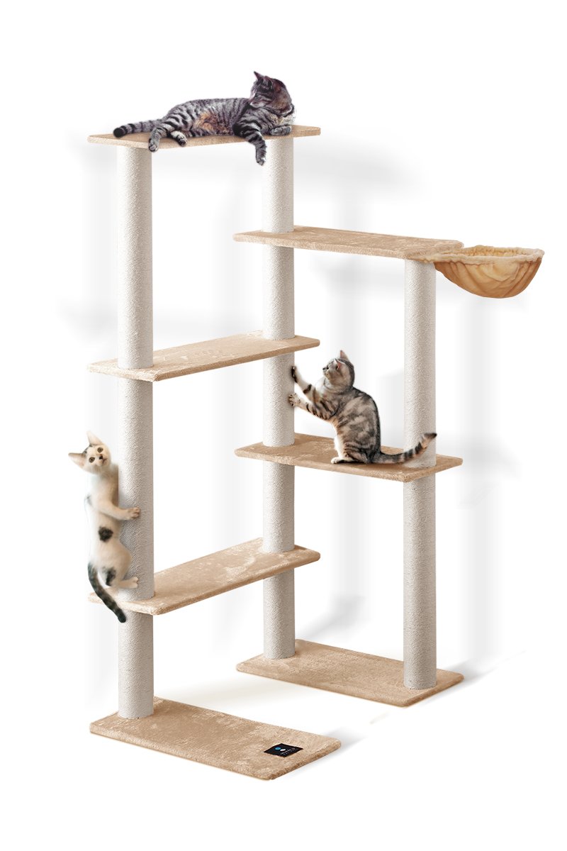 品質が キャットタワー 多頭飼い ハンモック2個セット 天井つっぱり棒なしタイプ 本体 渡り板5枚 ハンモックセット 本体 渡り板5枚 ハンモックセット 角設置 L字型 キャットツリー B077vk1ybz ベージュ 据え置き 紐巻き 高さ190cm Parthenon190 爪とぎ Ottostyle