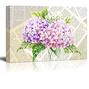 Canvas Wll Art - Watercolor Style Pink and Purple Flower on Vintage Newspaper Background - Giclee Print and Stretched Ready to Hang - 12"x18"