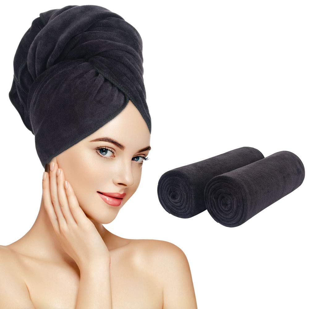 Sunland 2 Pack Super Absorbent Microfibre Drying Towels Quick Drying Magic Turban for Drying Long, Soft and Large Hair 50cm x 100cm Black