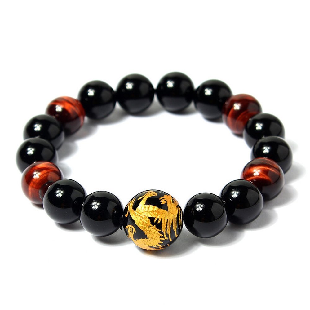 COAI Men's Dragon Bracelet Black Obsidian Red Tiger Eye Beaded Bracelet for Men, 10mm