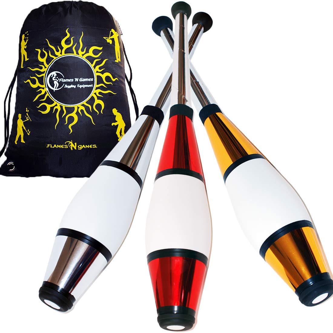Juggle Dream EURO PRO Juggling Clubs Set of 3 (12 Colour Combos!) Metallic Deco Trainer Clubs + Flames N Games Travel Bag! Great Club Juggling Set For Beginners & Advanced Jugglers! (Silver/Red/Gold)