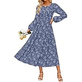 ZESICA Women's Fall Boho Floral Midi Dress 2026 Casual Long Sleeve Crewneck Flowy Wedding Guest Long Dresses