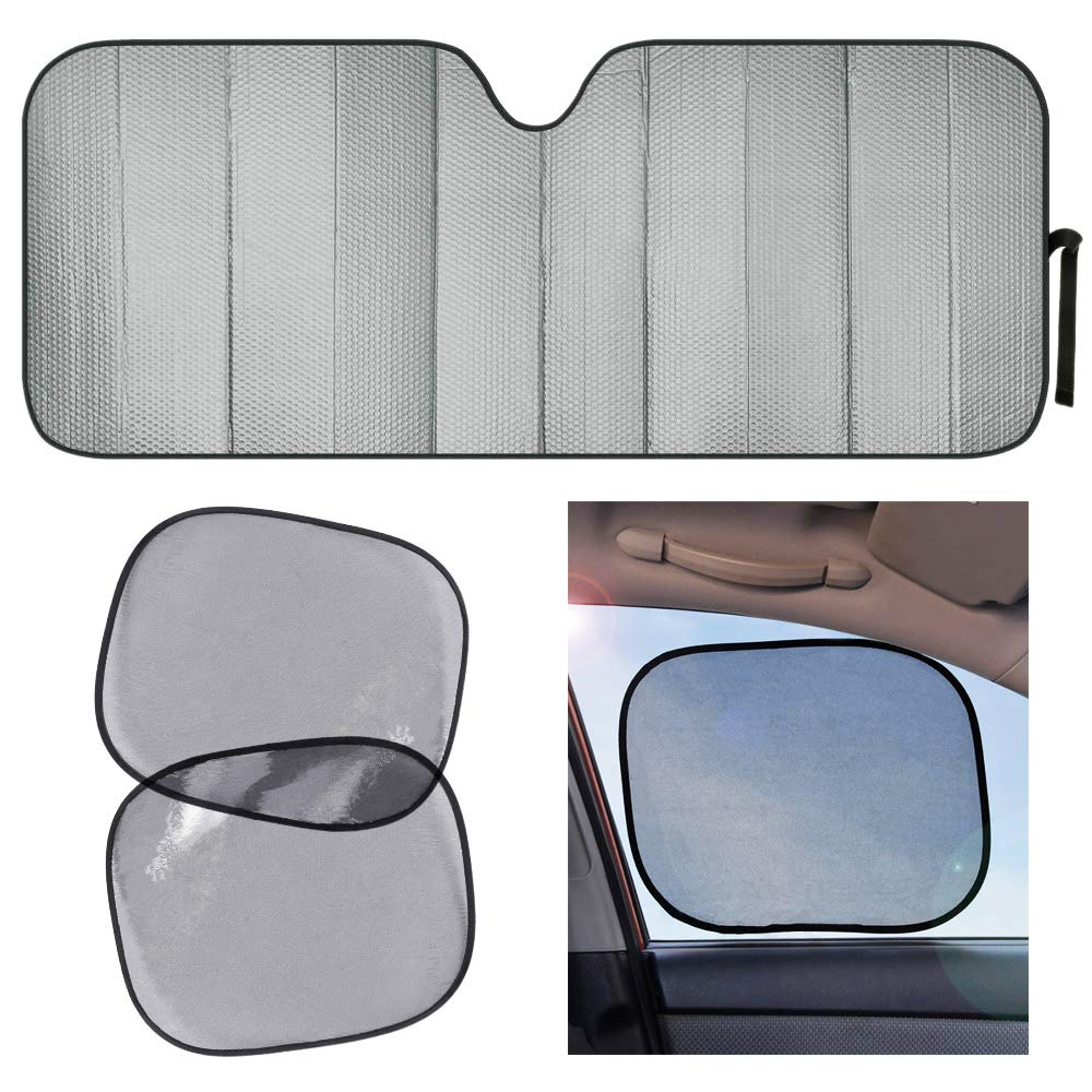 Motor TrendAS-311+SS-002 Gray Front Windshield Sun Static Cling Side Window Shade-Accordion Folding Auto Sunshade for Car Truck SUV 58 x 24 Inch