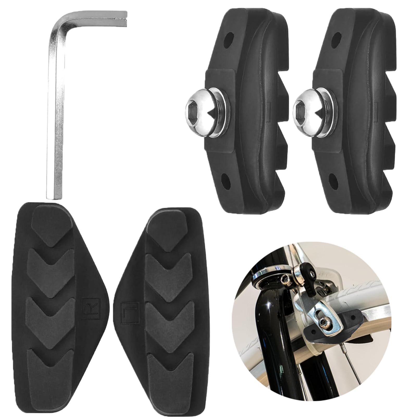 2 Pairs V Bike Brake Pads, 50 mm Bike Caliper Brake Blocks Set with Hex Nut Installation Tool, Universal Integral C Shaped Brake Shoes in Rubber No Noise for Road Bikes Mountain Bicycles (Black)