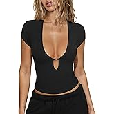 Hragc Women's Short Sleeve Deep V Neck T Shirts Ribbed Knit Going Out Tops for Women Slim Fit Crop Y2k Casual Tight Tee