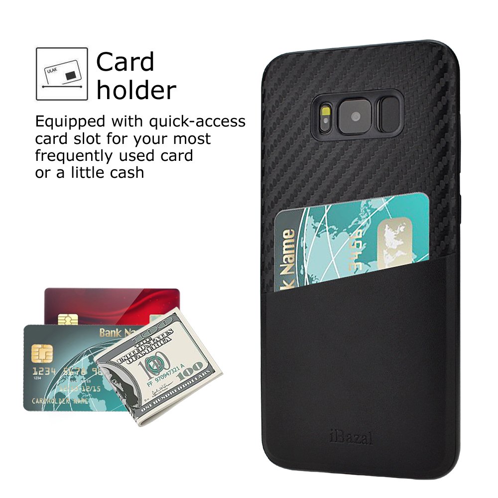 Galaxy S8 Plus Case, iBazal Card Holder Bumper Case with Carbon Fiber Design, PU Leather Back Cover Case for Samsung Galaxy S8 Plus / S8+ (2017) - Black