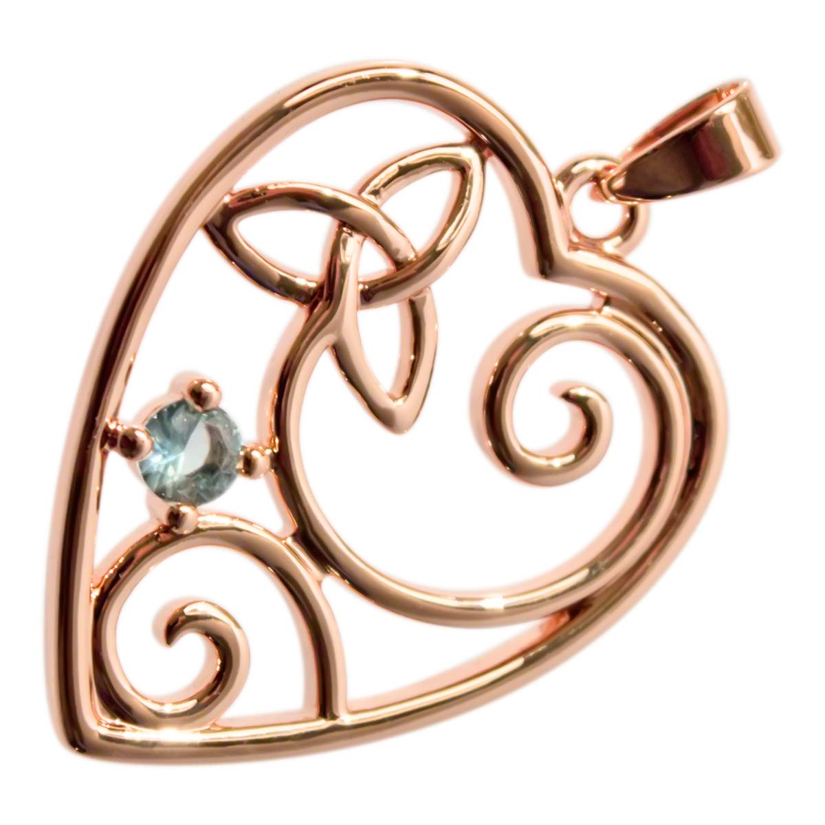 GWG Jewellery 18K Rose Gold Coated Filigree Heart with Celtic Trinity Knot and Round Aquamarine Blue Green Stone Pendant Necklace in Gift Box for Women