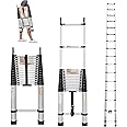 Telescoping Ladder 20FT Aluminum Telescoping Extension Ladder with Roof Hooks, 2.8Inch Detachable Hooks Prefect for Home Or Outdoor Rooftop, Collapsible Ladder Attic Ladder Rv Ladder 330lb Capacity
