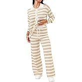 DERAX 2 Piece Outfits Striped Long Sleeve Tops Shirt Lounge Sets Wide Leg Pants Apricot White L