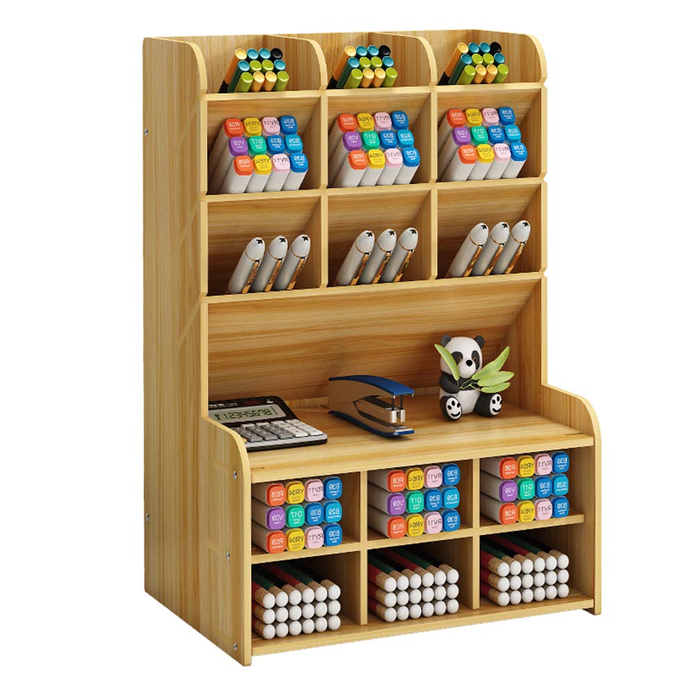 Hggzeg Wooden Desk Organizer, Large Capacity DIY Pen Holder Storage Box Desktop Stationary Storage Rack, Pen Organizer Caddies for Office, Home and School Supplies (B15-Cherry Color)