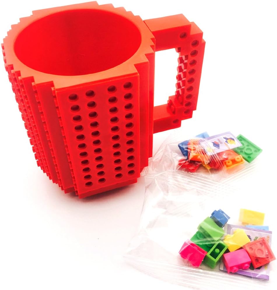 Build-on Brick coffee Mug (Red) - Coffee mug +2 box bricks, BPA-free Coffee Mug Lego Style Puzzle Mugs, Building Blocks Water Bottle Tea Cup, Plastic Mug for Coffee Tea Beverage Drinking